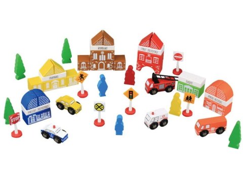 Drewniane klocki - miasteczko, straż pożarna, autka