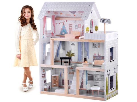 Drewniany DOMEK WILLA dla lalek BOHO meble + światło led