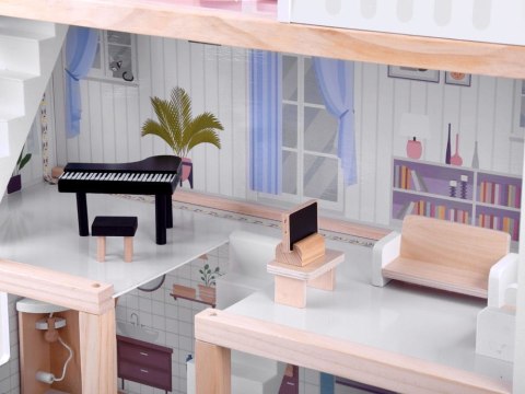 Drewniany DOMEK WILLA dla lalek BOHO meble + światło led