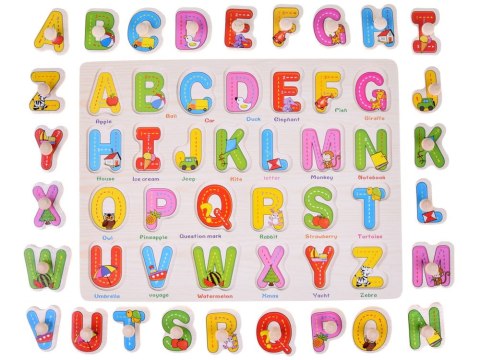 LITERKI drewniane ABECADŁO drewniane 2w1 + język angielski PUZZLE UKŁADANKA