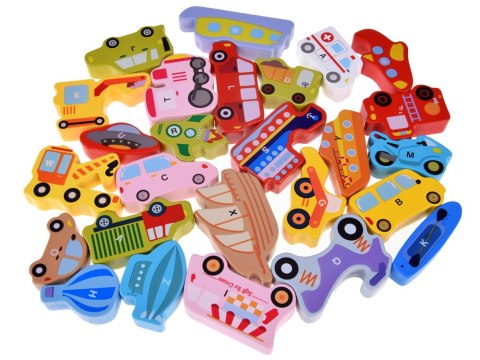 PUZZLE DREWNIANE układanka POJAZDY alfabet literki 27-elementów