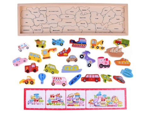 PUZZLE DREWNIANE układanka POJAZDY alfabet literki 27-elementów