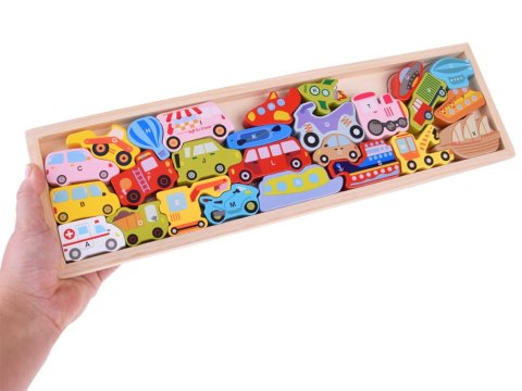 PUZZLE DREWNIANE układanka POJAZDY alfabet literki 27-elementów