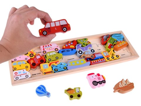 PUZZLE DREWNIANE układanka POJAZDY alfabet literki 27-elementów