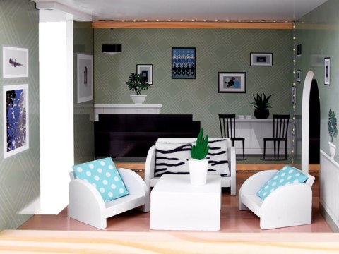 WILLA DOMEK drewniany dla lalek z basenem windą i oświetleniem LED