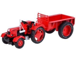 Czerwony Metalowy Traktor z przyczepką Skrętne Gumowe koła 1:18