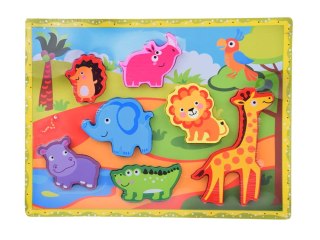 Drewniane puzzle układanka zwierzątka safari 7ele dopasuj kształty