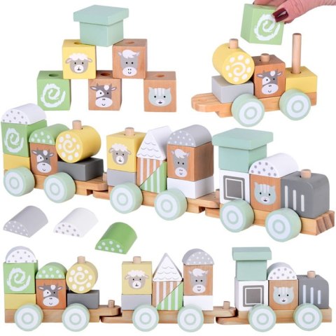 Miętowa Drewniana Kolejka Lokomotywa z Wagonami i Klockami 23 elementy