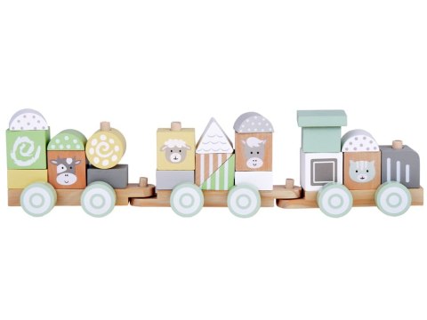 Miętowa Drewniana Kolejka Lokomotywa z Wagonami i Klockami 23 elementy