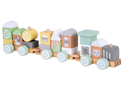 Miętowa Drewniana Kolejka Lokomotywa z Wagonami i Klockami 23 elementy