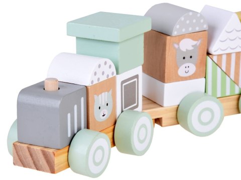 Miętowa Drewniana Kolejka Lokomotywa z Wagonami i Klockami 23 elementy