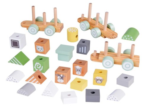 Miętowa Drewniana Kolejka Lokomotywa z Wagonami i Klockami 23 elementy