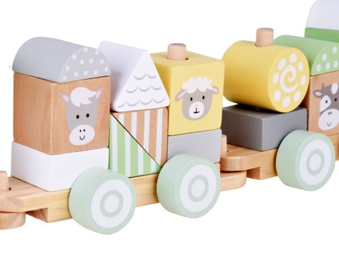 Miętowa Drewniana Kolejka Lokomotywa z Wagonami i Klockami 23 elementy