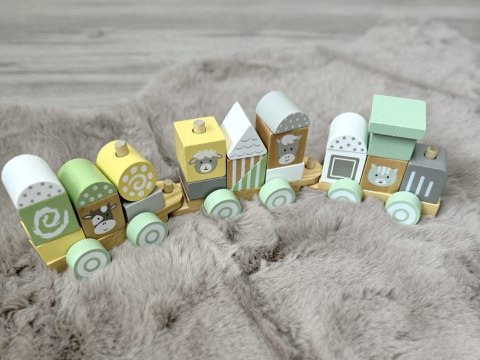 Miętowa Drewniana Kolejka Lokomotywa z Wagonami i Klockami 23 elementy