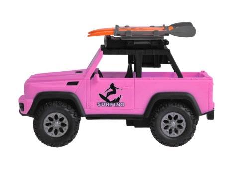 Różowe auto terenowe off-road deski surfingowe dźwięki światła