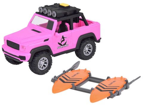 Różowe auto terenowe off-road deski surfingowe dźwięki światła