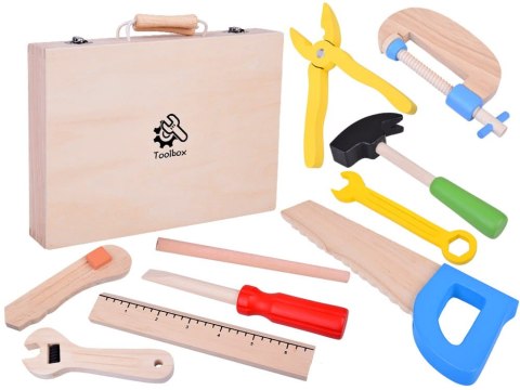 Drewniana Walizka z narzędziami Młotek Piła Śrubokręt 10 narzędzi