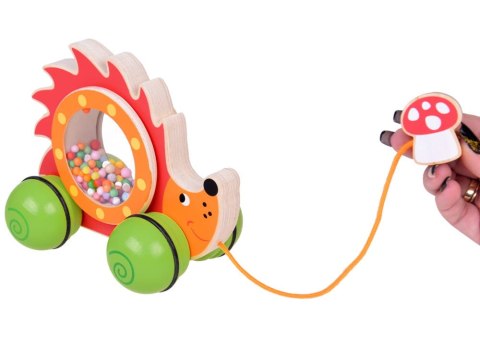 Drewniany Jeżyk do ciągnięcia na kółkach z kolorowymi kuleczkami zabawka