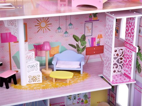 Duży Ażurowy Domek drewniany dla lalek + Winda Garaż Balkon Meble