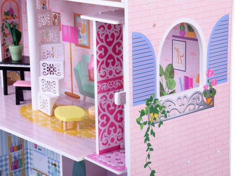 Duży Ażurowy Domek drewniany dla lalek + Winda Garaż Balkon Meble
