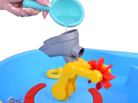 Niebieski stolik wodny z kołem młyńskim + akcesoria do łowienia