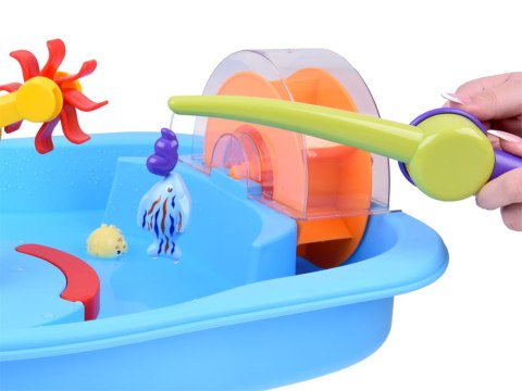 Niebieski stolik wodny z kołem młyńskim + akcesoria do łowienia