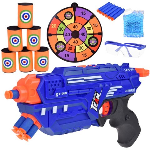 Pistolet Shotgun 2w1 + Naboje piankowe żelowe Tarcza Okulary Puszki