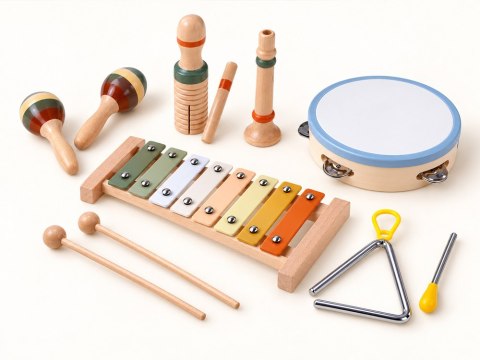 Instrumenty muzyczne DREWNIANE cymbałki, tamburyn, trójkąt - 6ele IN0191