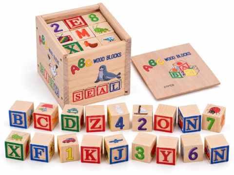 Drewniane klocki edukacyjne - litery, cyfry i obrazki ALFABET 27ele ZA6239